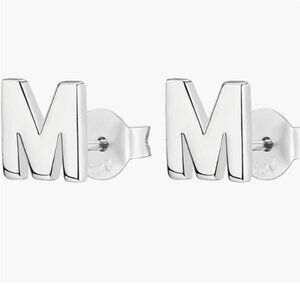 NIB PAVOI 14K White Gold Plated Sterling Silver Alphabet Letter Earrings "M"